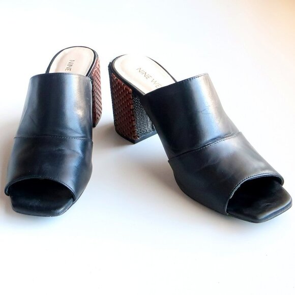 Nine West Janel Black Leather Square Toe Woven Block Heel Mules / Slip On Shoes - Picture 12 of 16